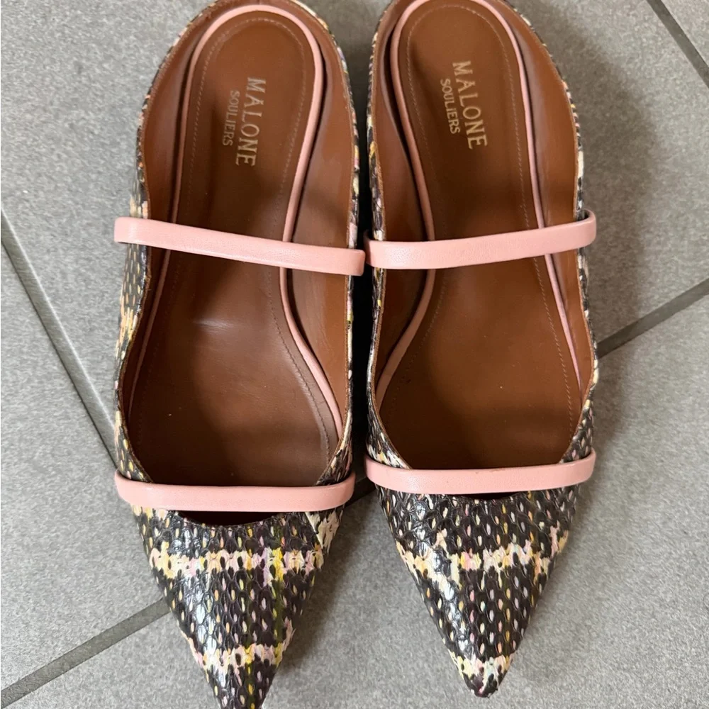 Malone Souliers Pink and Brown snake print Pointed-Toe Mules 39 - Picture 3 of 6